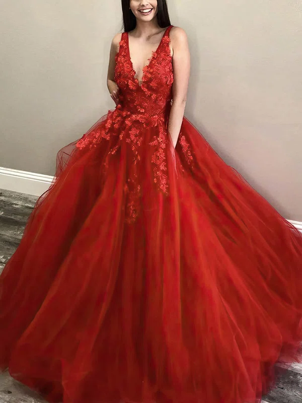 Ball Gown V-neck Lace Tulle Sweep Train Appliques Lace Prom Dresses #Milly020108500