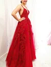 A-line V-neck Lace Tulle Sweep Train Appliques Lace Prom Dresses #Milly020108501