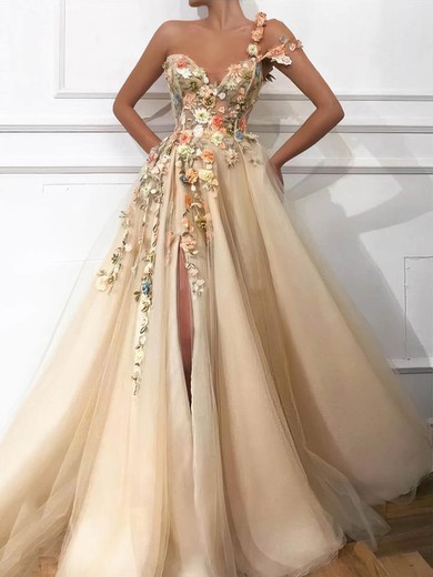 Ball Gown/Princess Sweep Train One Shoulder Tulle Flower(s) Prom Dresses #Milly020108503