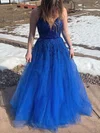 A-line V-neck Tulle Sweep Train Appliques Lace Prom Dresses #Milly020108505