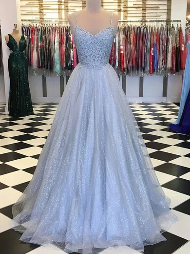 Ball Gown V-neck Tulle Prom Dresses With Appliques #Milly020108507