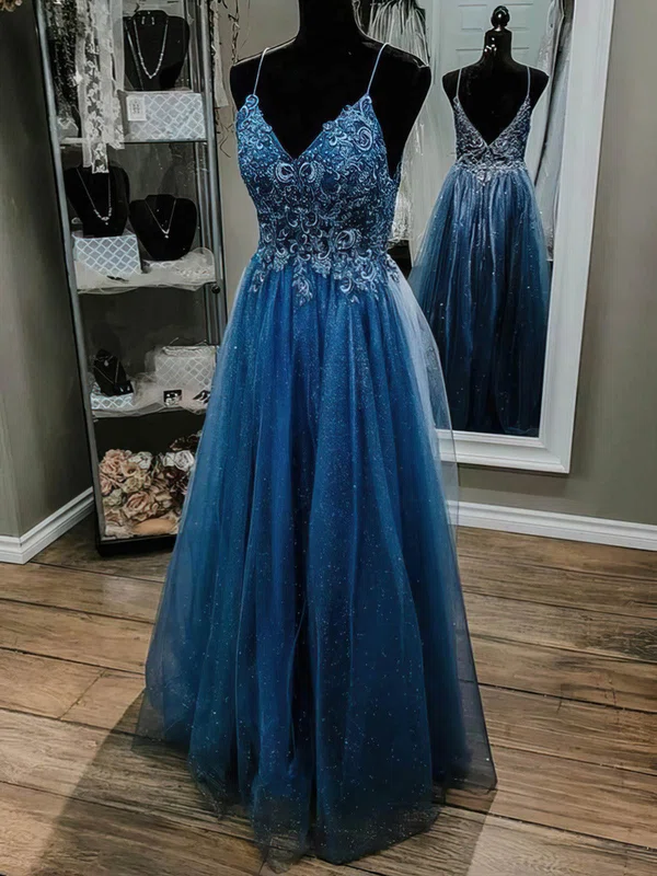 Ball Gown V-neck Tulle Glitter Floor-length Appliques Lace Prom Dresses #Milly020108508