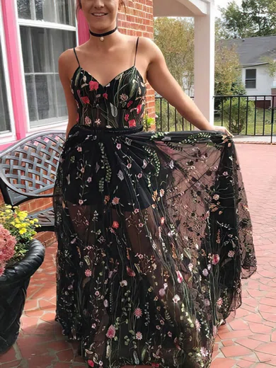 A-line Floor-length V-neck Tulle Flower(s) Prom Dresses #Milly020108509