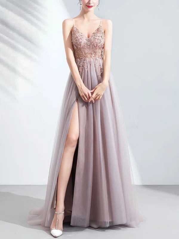 A-line V-neck Tulle Sweep Train Beading Prom Dresses #Milly020108513