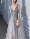 A-line V-neck Tulle Sweep Train Beading Prom Dresses #Milly020108515