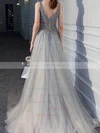 A-line V-neck Tulle Sweep Train Beading Prom Dresses #Milly020108515