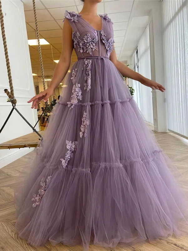 Ball Gown/Princess Floor-length V-neck Tulle Appliques Lace Prom Dresses #Milly020108517