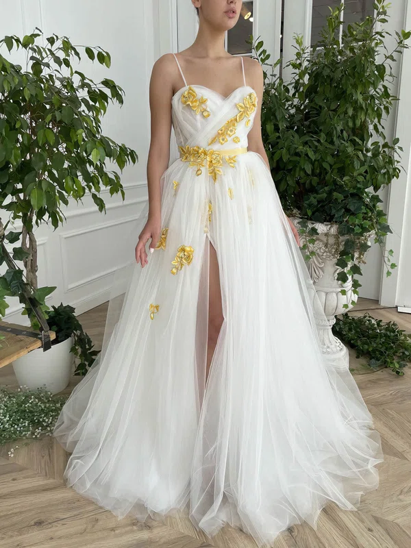 A-line V-neck Tulle Sweep Train Sashes / Ribbons Prom Dresses #Milly020108518