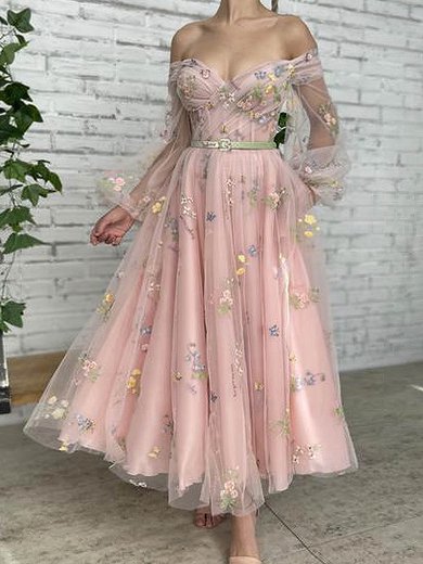 Ball Gown/Princess Off-the-shoulder Tulle Ankle-length Prom Dresses With Flower(s) S020108525