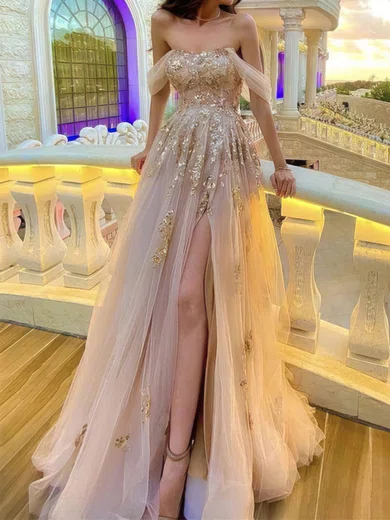 Ball Gown Off-the-shoulder Tulle Prom Dresses With Appliques #Milly020108532