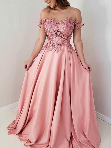 A-line Sweep Train Illusion Silk-like Satin Flower(s) Prom Dresses #Milly020108540