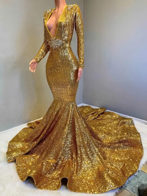 Trumpet/Mermaid V-neck Sequined Sweep Train Beading Prom Dresses #Milly020108229