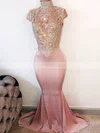 Trumpet/Mermaid High Neck Silk-like Satin Sweep Train Beading Prom Dresses #Milly020108247
