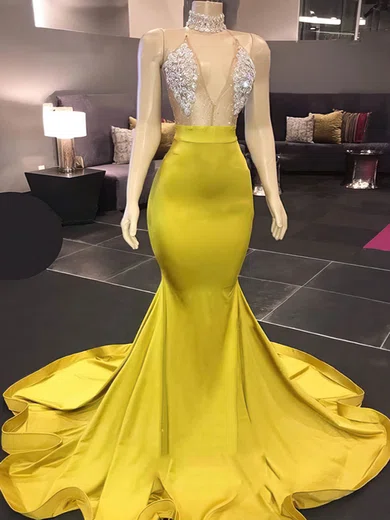 Mermaid High Neck Backless Jersey Prom Dresses With Beading #Milly020108254