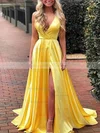 A-line V-neck Silk-like Satin Sweep Train Split Front Prom Dresses #Milly020108258