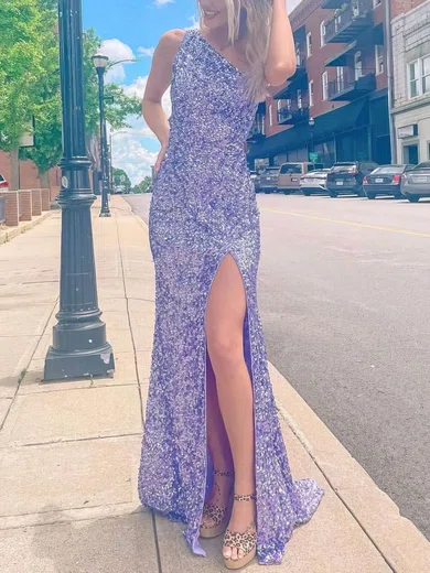Sheath/Column Sweep Train One Shoulder Sequined Split Front Prom Dresses #Milly020108261