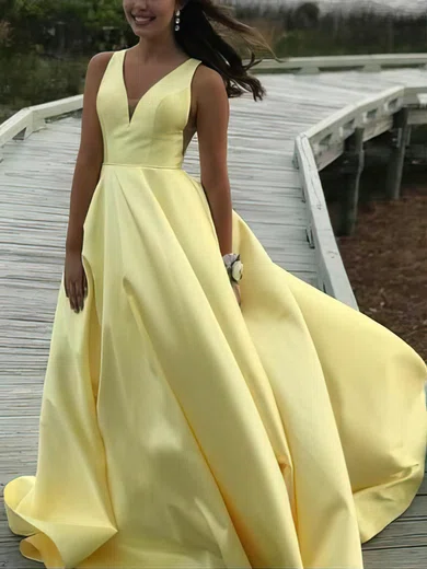 A-line V-neck Satin Sweep Train Prom Dresses #Milly020108262