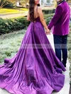 A-line V-neck Silk-like Satin Sweep Train Split Front Prom Dresses #Milly020108265