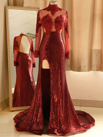 Mermaid High Neck Sparkly Sequin Tulle Prom Dresses With Appliques #Milly020108281