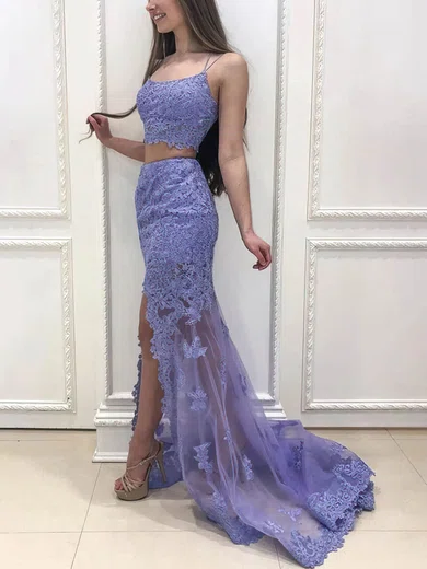 Trumpet/Mermaid Square Neckline Lace Tulle Sweep Train Split Front Prom Dresses #Milly020108288