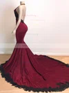 Trumpet/Mermaid Halter Jersey Sweep Train Appliques Lace Prom Dresses #Milly020108296
