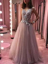 A-line V-neck Tulle Sweep Train Beading Prom Dresses #Milly020108298