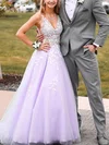 A-line V-neck Lace Tulle Sweep Train Appliques Lace Prom Dresses #Milly020108305