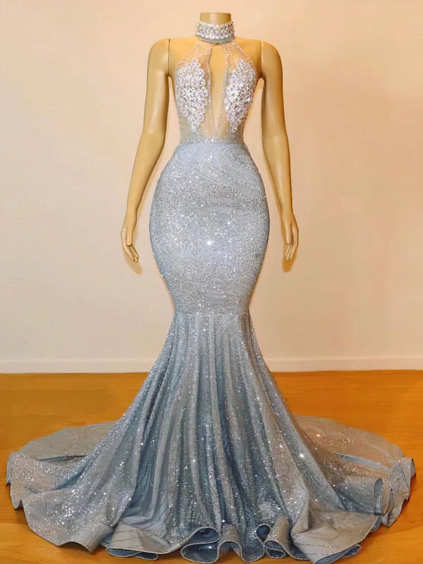 Trumpet/Mermaid Halter Sequined Sweep Train Appliques Lace Prom Dresses #Milly020108314