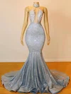 Trumpet/Mermaid Halter Sequined Sweep Train Prom Dresses With Appliques Lace S020108314