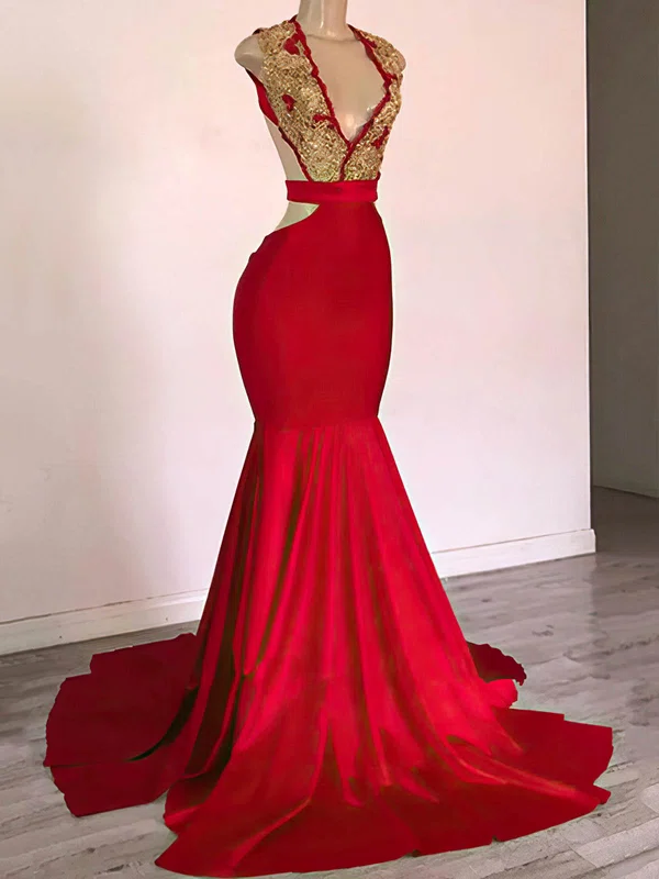Trumpet/Mermaid V-neck Stretch Crepe Court Train Appliques Lace Prom Dresses #Milly020108336