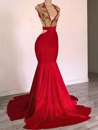 Mermaid V-neck Stretch Crepe Cut Out Prom Dresses With Appliques #Milly020108336