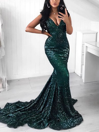 Trumpet/Mermaid Sweep Train V-neck Sequined Sexy Prom Dresses #Milly020108354