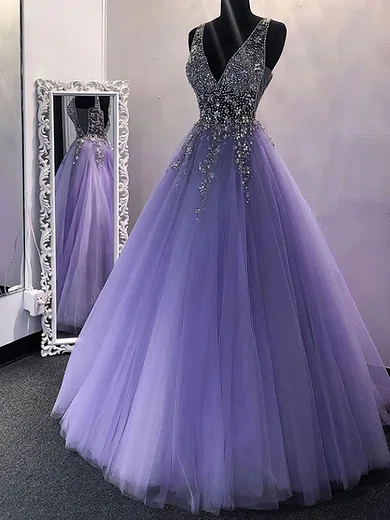 Ball Gown V-neck Floor-length Tulle Prom Dresses With Beading #Milly020108356