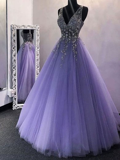 Ball Gown V-neck Tulle Floor-length Beading Prom Dresses #Milly020108356