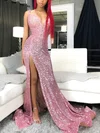 Trumpet/Mermaid V-neck Sequined Sweep Train Split Front Prom Dresses #Milly020108358
