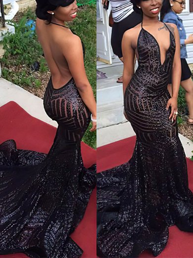 Trumpet/Mermaid Sweep Train Halter Sequined Prom Dresses #Milly020108363