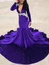 Trumpet/Mermaid V-neck Velvet Sweep Train Appliques Lace Prom Dresses #Milly020108373