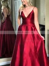 A-line V-neck Satin Sweep Train Pockets Prom Dresses #Milly020108377