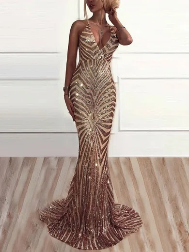 Sheath/Column Sweep Train V-neck Sequined Prom Dresses #Milly020108383
