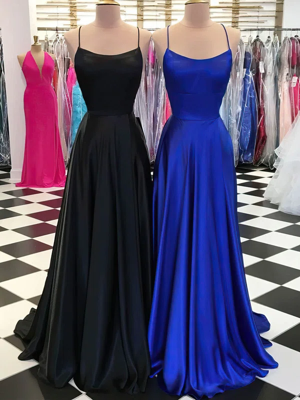 A-line Scoop Neck Silk-like Satin Sweep Train Prom Dresses #Milly020108384