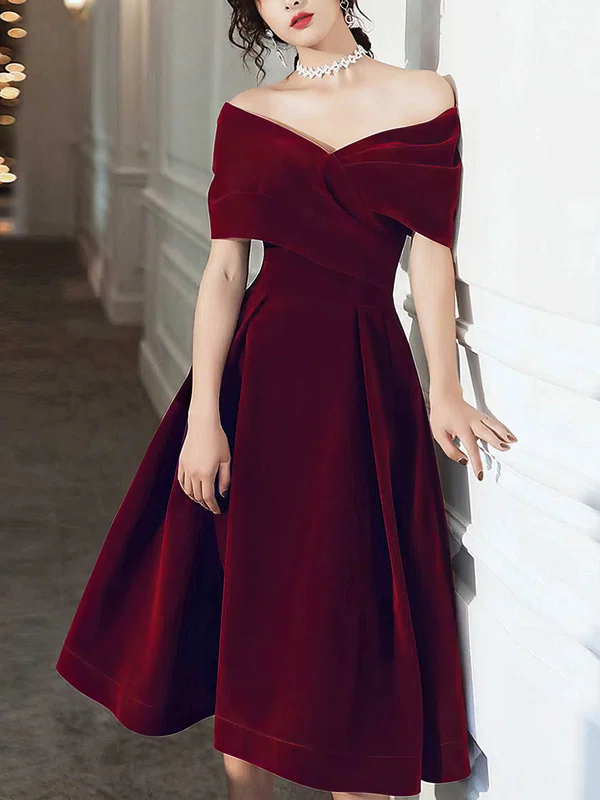 A-line Off-the-shoulder Velvet Tea-length Homecoming Dresses #Milly020108386