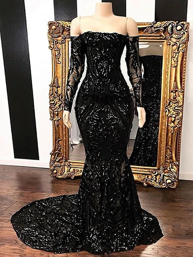 Mermaid Off-the-shoulder Long Sleeves Sparkly Sequin Prom Dresses #Milly020108549