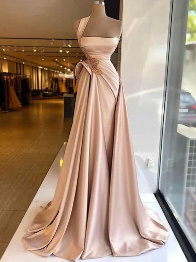 A-line One Shoulder Ruched Satin Prom Dresses With Beading #Milly020108551