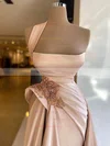 A-line One Shoulder Silk-like Satin Sweep Train Beading Prom Dresses #Milly020108551