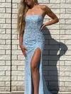 Sheath/Column Strapless Lace Tulle Sweep Train Split Front Prom Dresses #Milly020108555