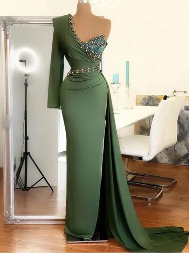 Sheath/Column Ruched Jersey One Shoulder Prom Dresses With Beading #Milly020108558
