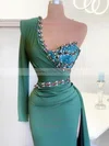 A-line One Shoulder Jersey Sweep Train Beading Prom Dresses #Milly020108558