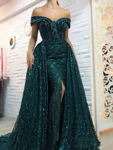 A-line Off-the-shoulder Sequined Sweep Train Split Front Prom Dresses #Milly020108568
