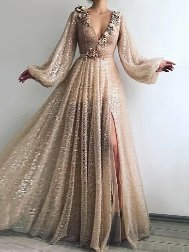 A-line V-neck Sparkly Sequin Prom Dresses With Puff Sleeve #Milly020108572