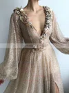 A-line V-neck Sequined Sweep Train Sashes / Ribbons Prom Dresses #Milly020108572